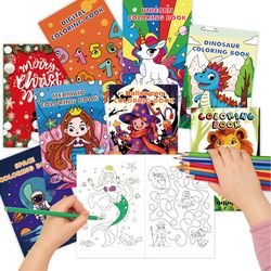 kids holiday party coloring book set, 8 theme pack for creative fun, doodle drawing and cartoon characters