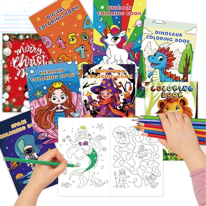 Kids Holiday Party Coloring Book Set, 8 Theme Pack for Creative Fun, Doodle Drawing and Cartoon Characters