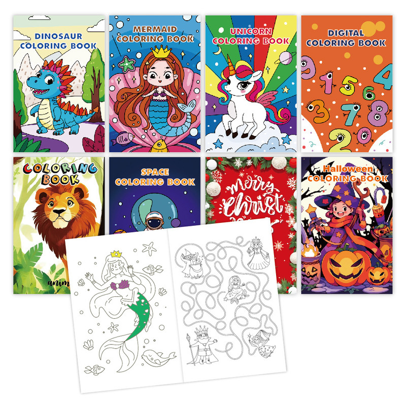Kids Holiday Party Coloring Book Set, 8 Theme Pack for Creative Fun, Doodle Drawing and Cartoon Characters