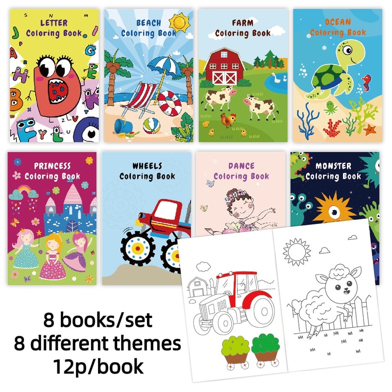 Kids Holiday Party Coloring Book Set, 8 Theme Pack for Creative Fun, Doodle Drawing and Cartoon Characters