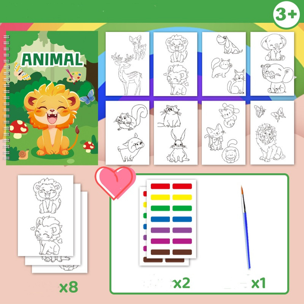 Magic Water Painting Book, Reusable Watercolor Coloring Book for Kids, Animal Designs with Paints