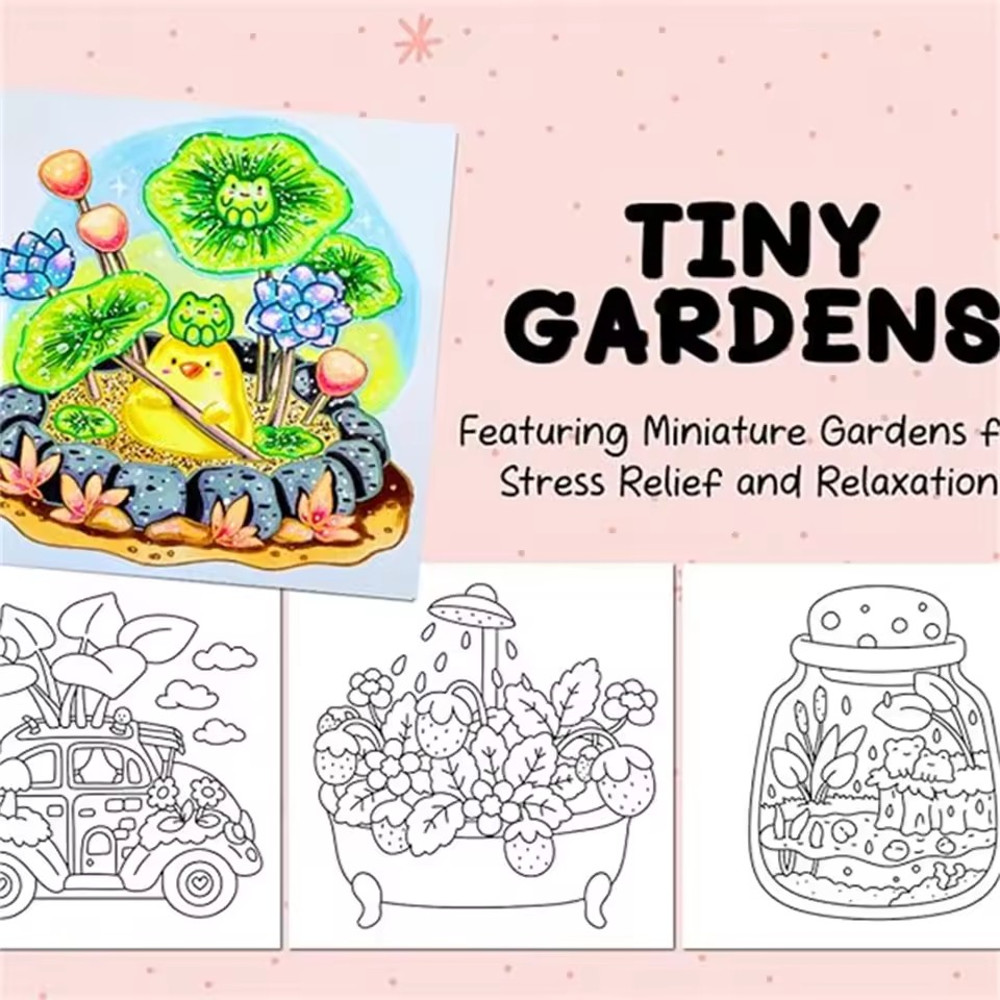 TINY GARDENS Coloring Book for Adults, A Perfect Gift for Party and Birthday, Features Bold, Easy Patterns and Cute Draw