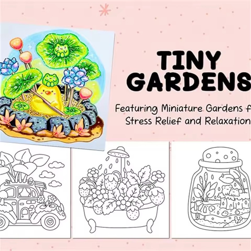 TINY GARDENS Coloring Book for Adults, A Perfect Gift for Party and Birthday, Features Bold, Easy Patterns and Cute Draw
