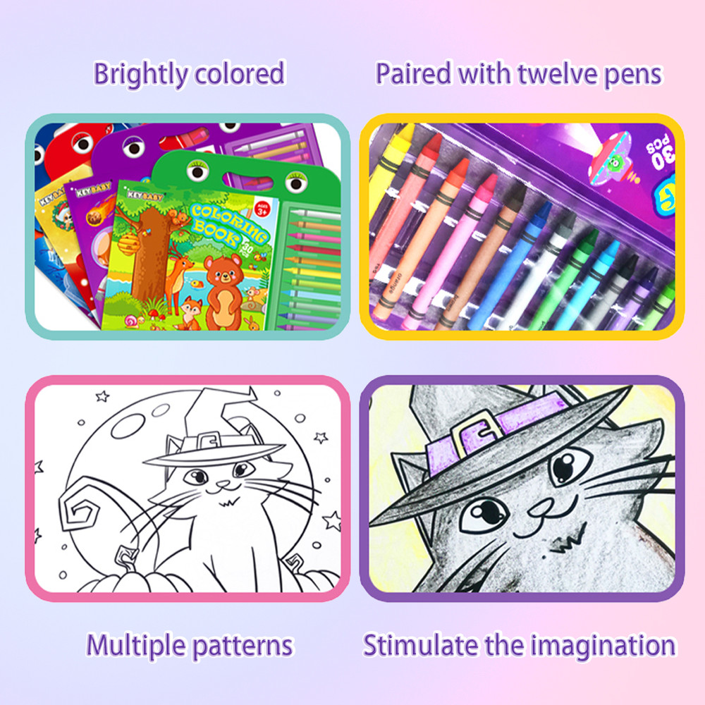 Childrens Coloring Book Set, Drawing Book with Colorful Crayon, Christmas, Halloween, Animal, Space Edition
