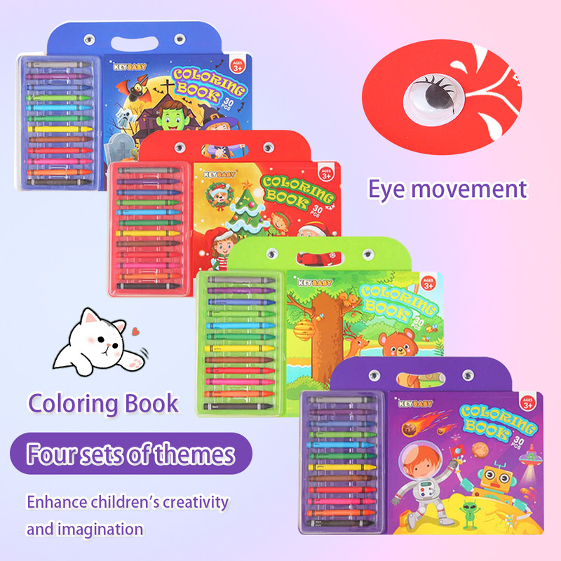 Childrens Coloring Book Set, Drawing Book with Colorful Crayon, Christmas, Halloween, Animal, Space Edition