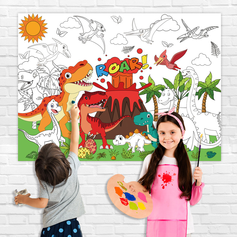 Dinosaur World Coloring Tablecloth, Large Kids Activity Mat, Birthday Party Supplies, Creative Gift and Favor