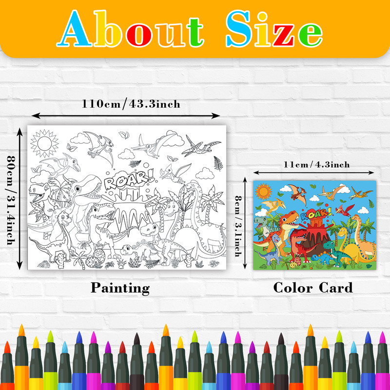 Dinosaur World Coloring Tablecloth, Large Kids Activity Mat, Birthday Party Supplies, Creative Gift and Favor