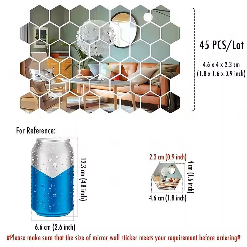Hexagon Mirror Wall Sticker Set 45 Piece DIY Decorative Tile Mirrors 1