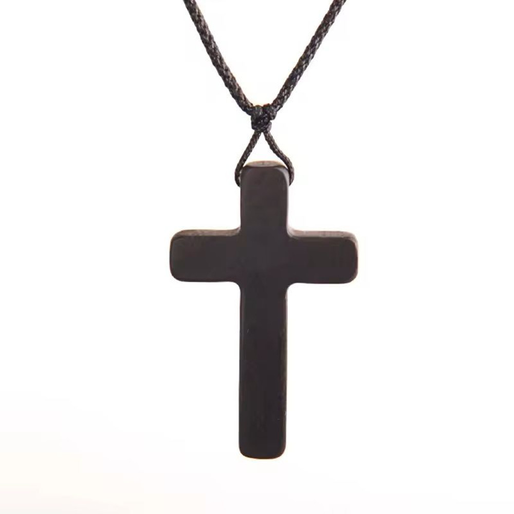 Handmade Ebony Crucifix Pendant Necklace With Braided Rope 3