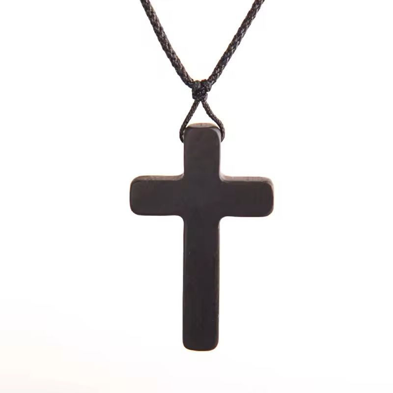 Handmade Ebony Crucifix Pendant Necklace With Braided Rope 3