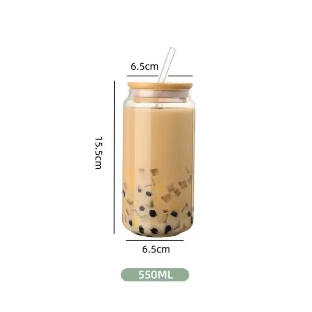 550 Ml Glass Travel Cup With Wooden Lid Straw Transparent Bubble Tea Cocktail Mug 0