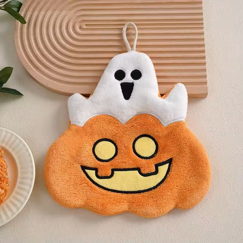 Halloween Pumpkin Coral Velvet Hanging Hand Towel Cute Holiday Wipe For Kitchen Bathroom 3