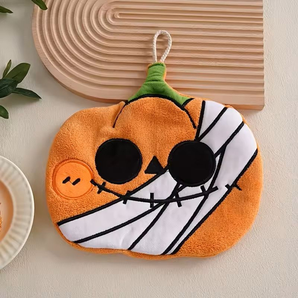 Halloween Pumpkin Coral Velvet Hanging Hand Towel Cute Holiday Wipe For Kitchen Bathroom 4