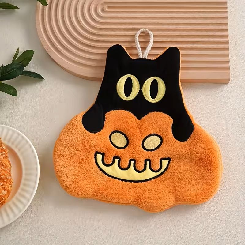 Halloween Pumpkin Coral Velvet Hanging Hand Towel Cute Holiday Wipe For Kitchen Bathroom 8