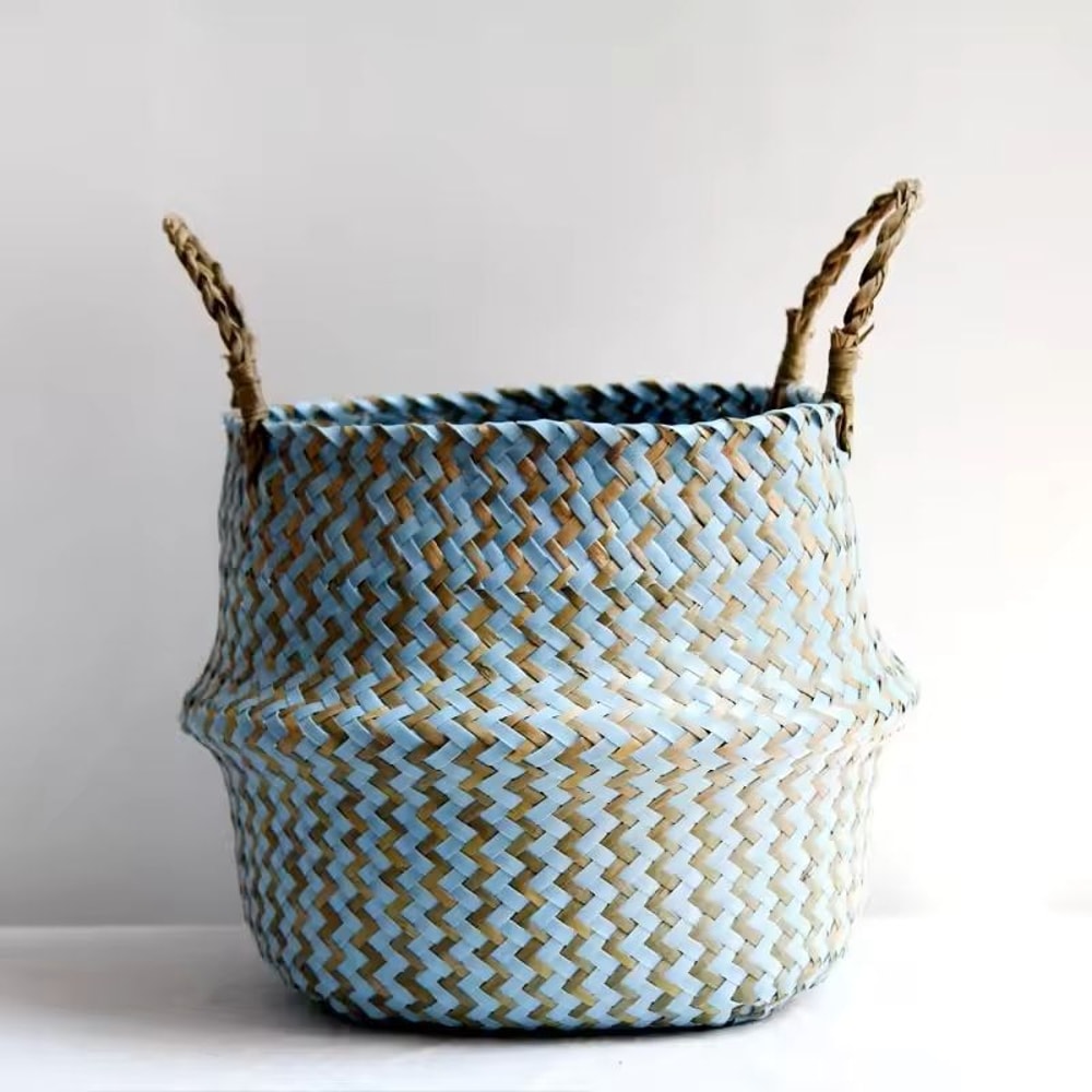 Boho Wicker Storage Basket Handmade Collapsible Seaweed Laundry Flower Pot Basket 1
