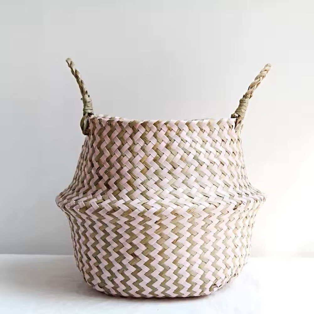 Boho Wicker Storage Basket Handmade Collapsible Seaweed Laundry Flower Pot Basket 4