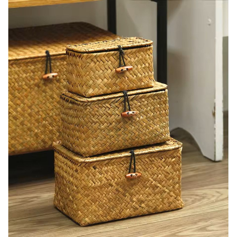 HandWoven Rattan Storage Box Set 3 Pcs Rectangular Wicker Baskets For Home Organization Clothes S 4