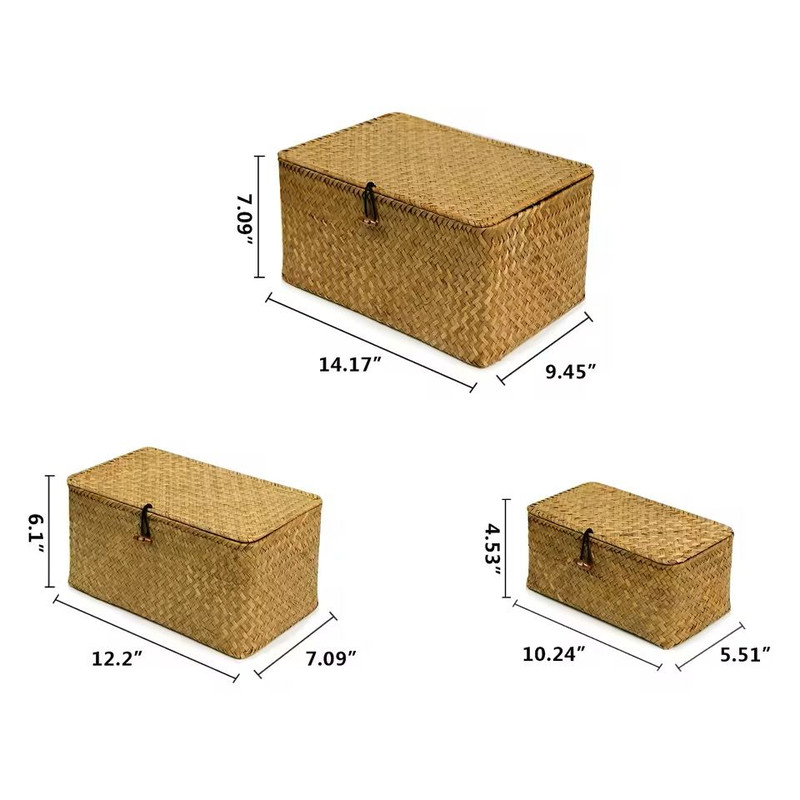 HandWoven Rattan Storage Box Set 3 Pcs Rectangular Wicker Baskets For Home Organization Clothes S 5