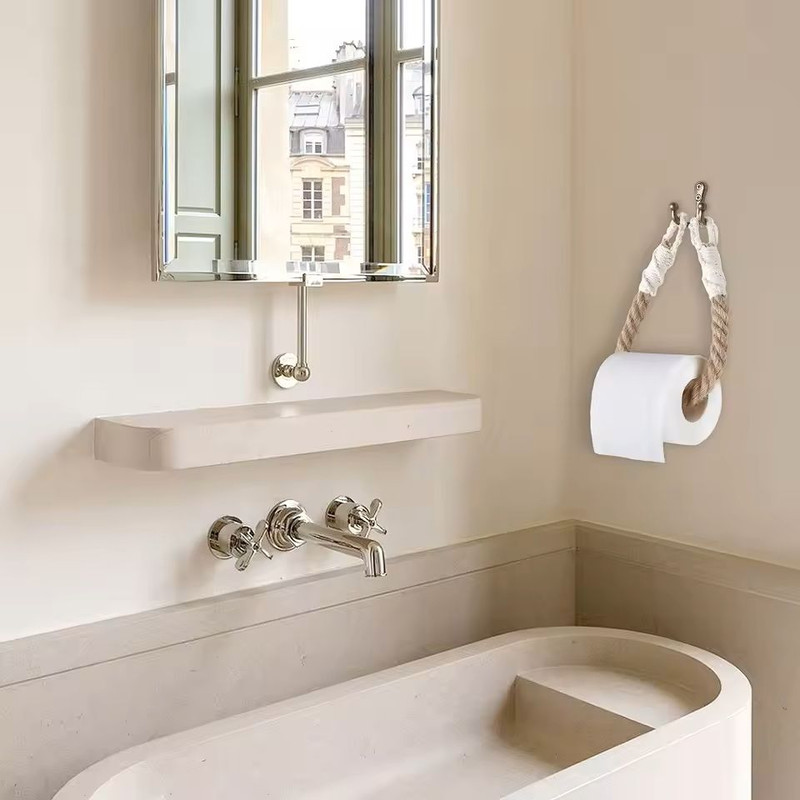 Handmade Jute Rope Wood WallMounted Tissue Holder Rustic Farmhouse Toilet Paper Towel Rack 0