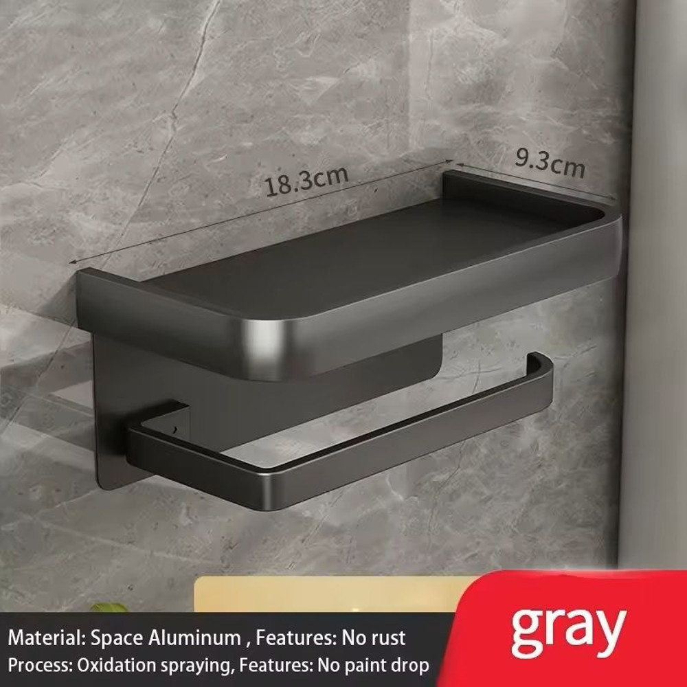 WallMounted Bathroom Tissue Box Storage Shelf NoDrill Toilet Paper Holder With Phone Stand 0