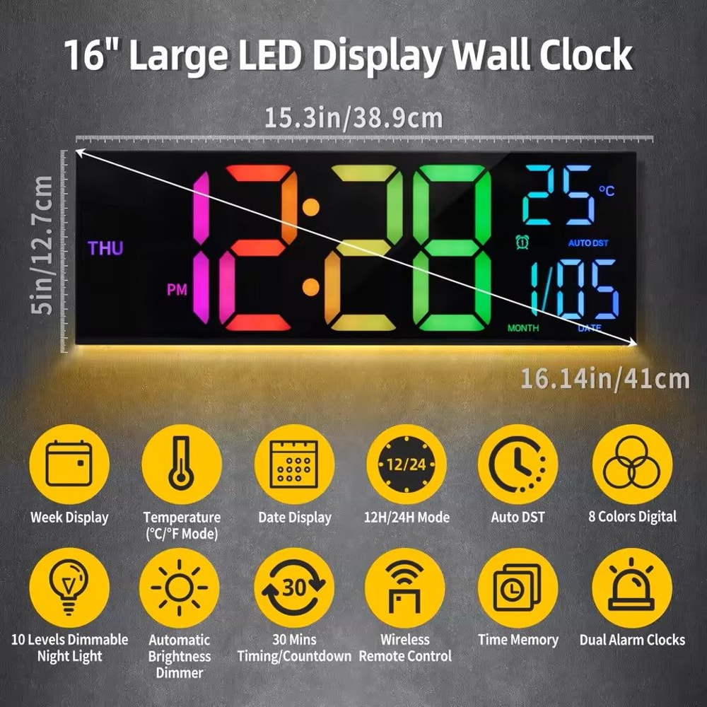 Large LED Digital Wall Clock 16 Inches Big Display With Remote 8 RGB Colors Alarm Temperature 3