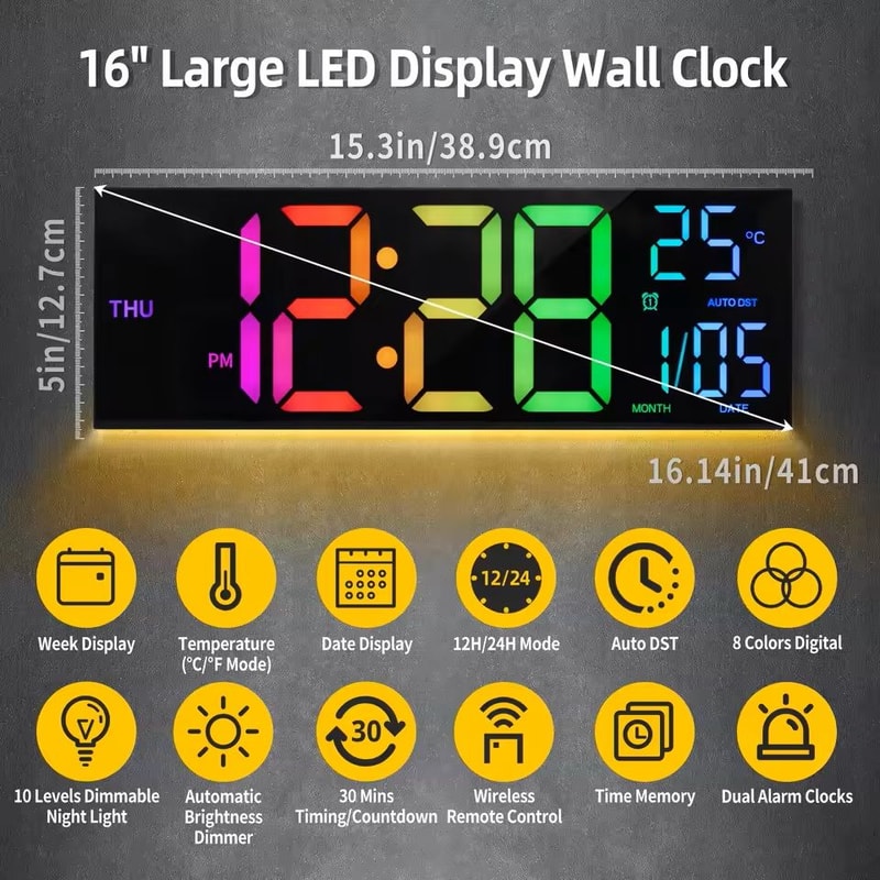 Large LED Digital Wall Clock 16 Inches Big Display With Remote 8 RGB Colors Alarm Temperature 3