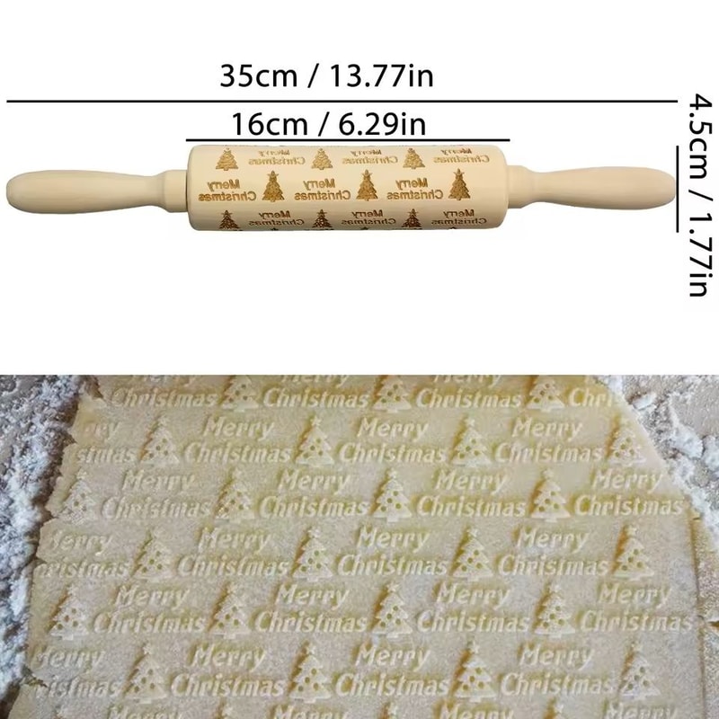 Christmas Embossed Wooden Rolling Pin 3D Engraved Holiday Cookie Baking Roller 4