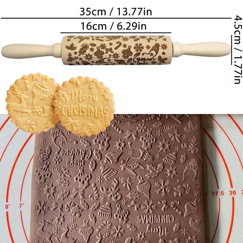Christmas Embossed Wooden Rolling Pin 3D Engraved Holiday Cookie Baking Roller 5