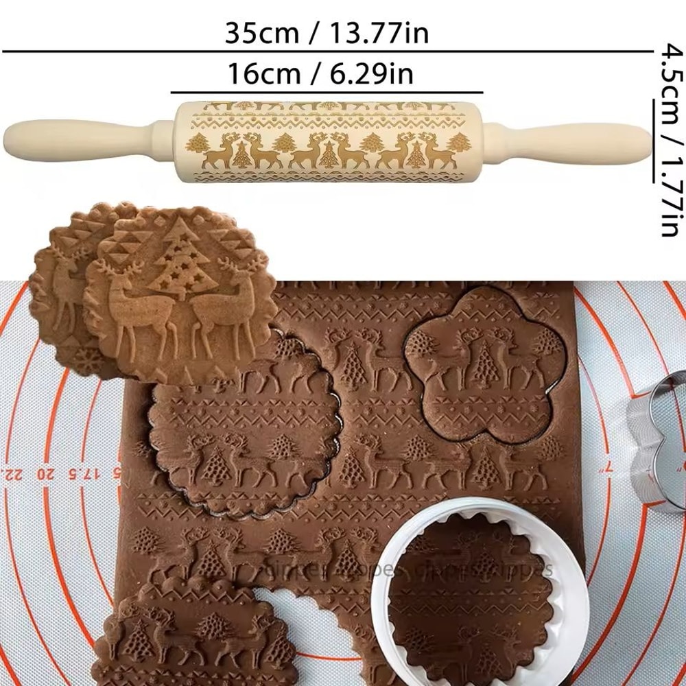 Christmas Embossed Wooden Rolling Pin 3D Engraved Holiday Cookie Baking Roller 9