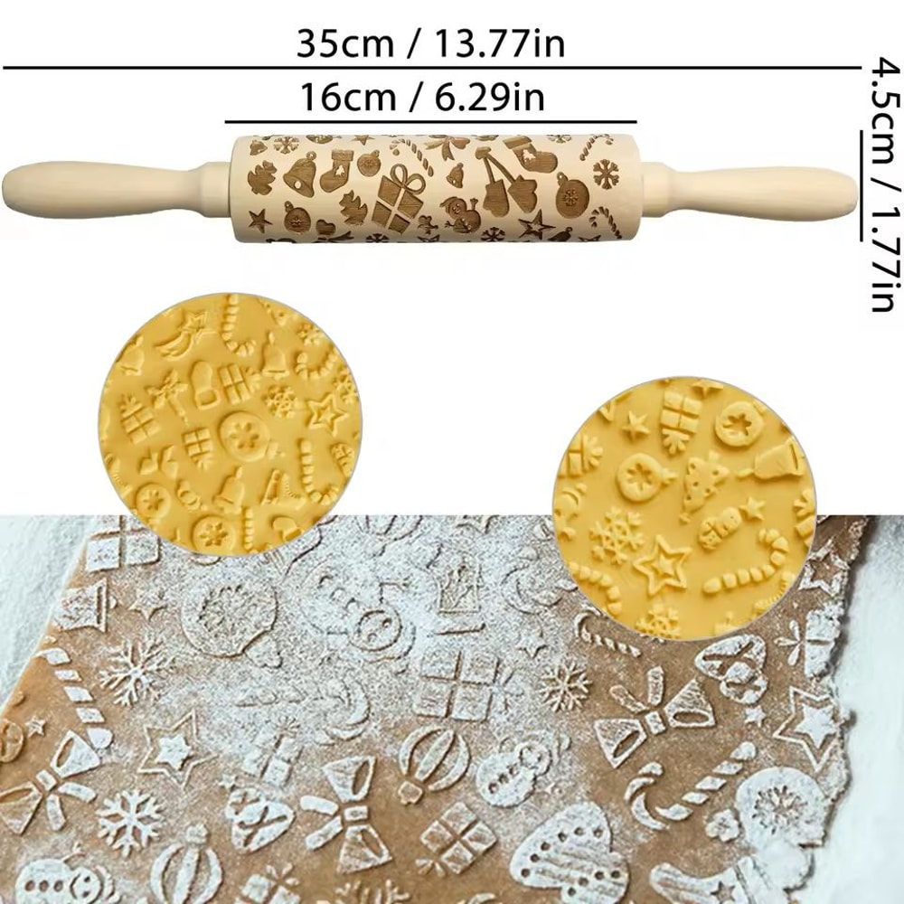 Christmas Embossed Wooden Rolling Pin 3D Engraved Holiday Cookie Baking Roller 11