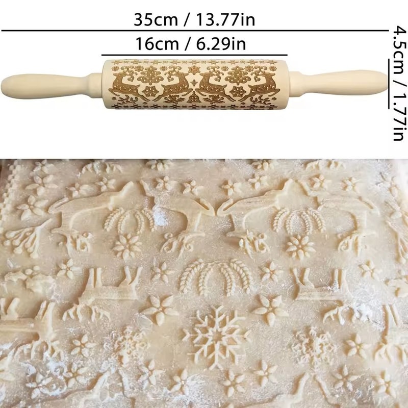 Christmas Embossed Wooden Rolling Pin 3D Engraved Holiday Cookie Baking Roller 18