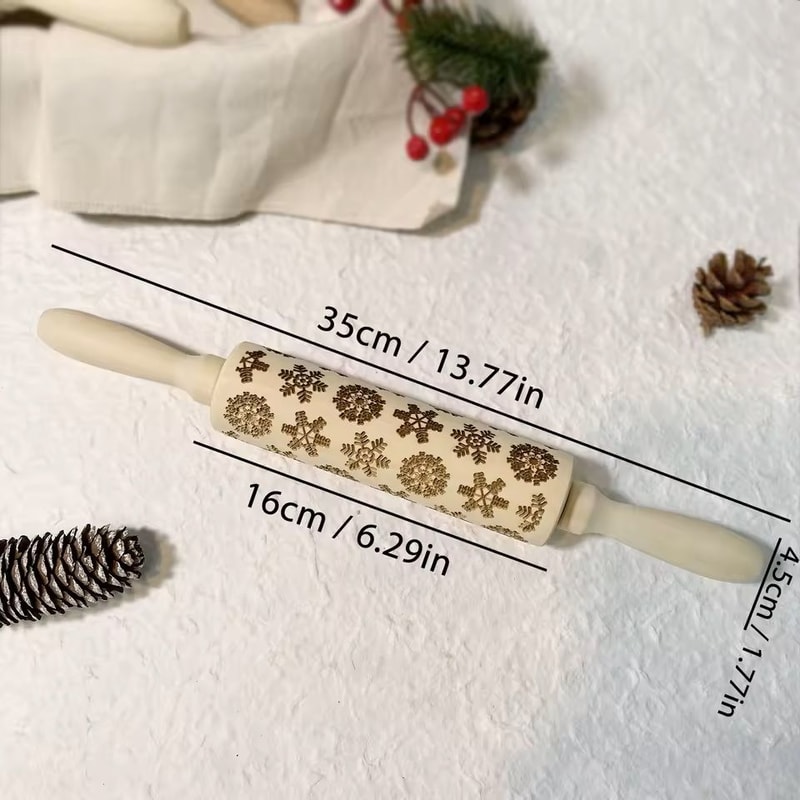 Christmas Embossed Wooden Rolling Pin 3D Engraved Holiday Cookie Baking Roller 20