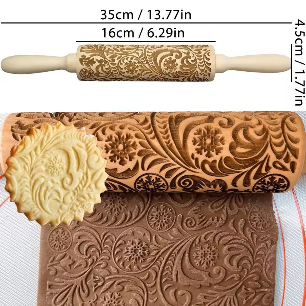 Christmas Embossed Wooden Rolling Pin 3D Engraved Holiday Cookie Baking Roller 27