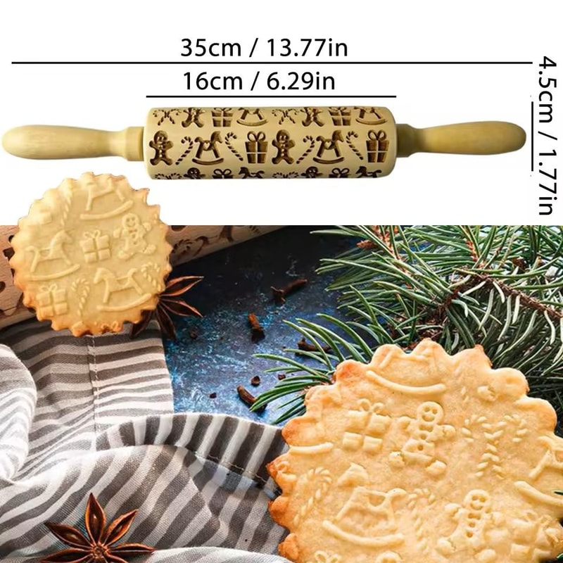 Christmas Embossed Wooden Rolling Pin 3D Engraved Holiday Cookie Baking Roller 22