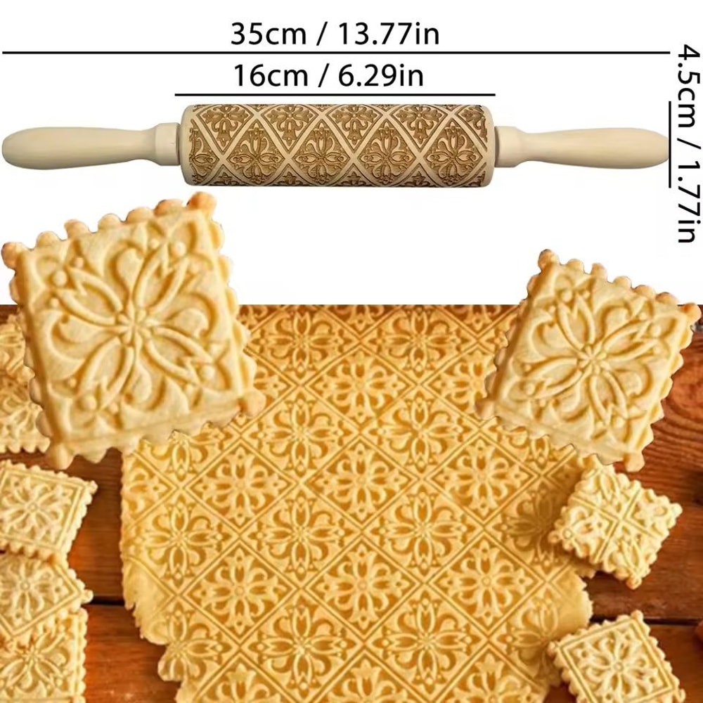 Christmas Embossed Wooden Rolling Pin 3D Engraved Holiday Cookie Baking Roller 30