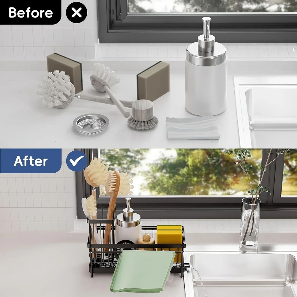 Kitchen Sink Sponge Holder With Auto Drain Plastic Sink Caddy Organizer With Removable Brush Holde 5