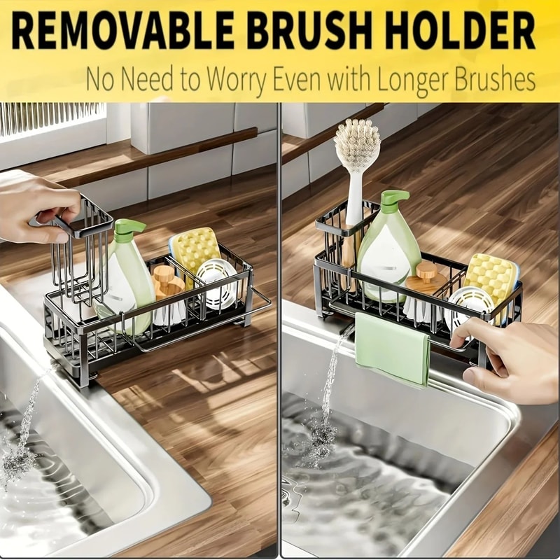 Auto Draining Kitchen Sink Sponge Holder Plastic Sink Caddy Organizer With Removable Brush Holder 4