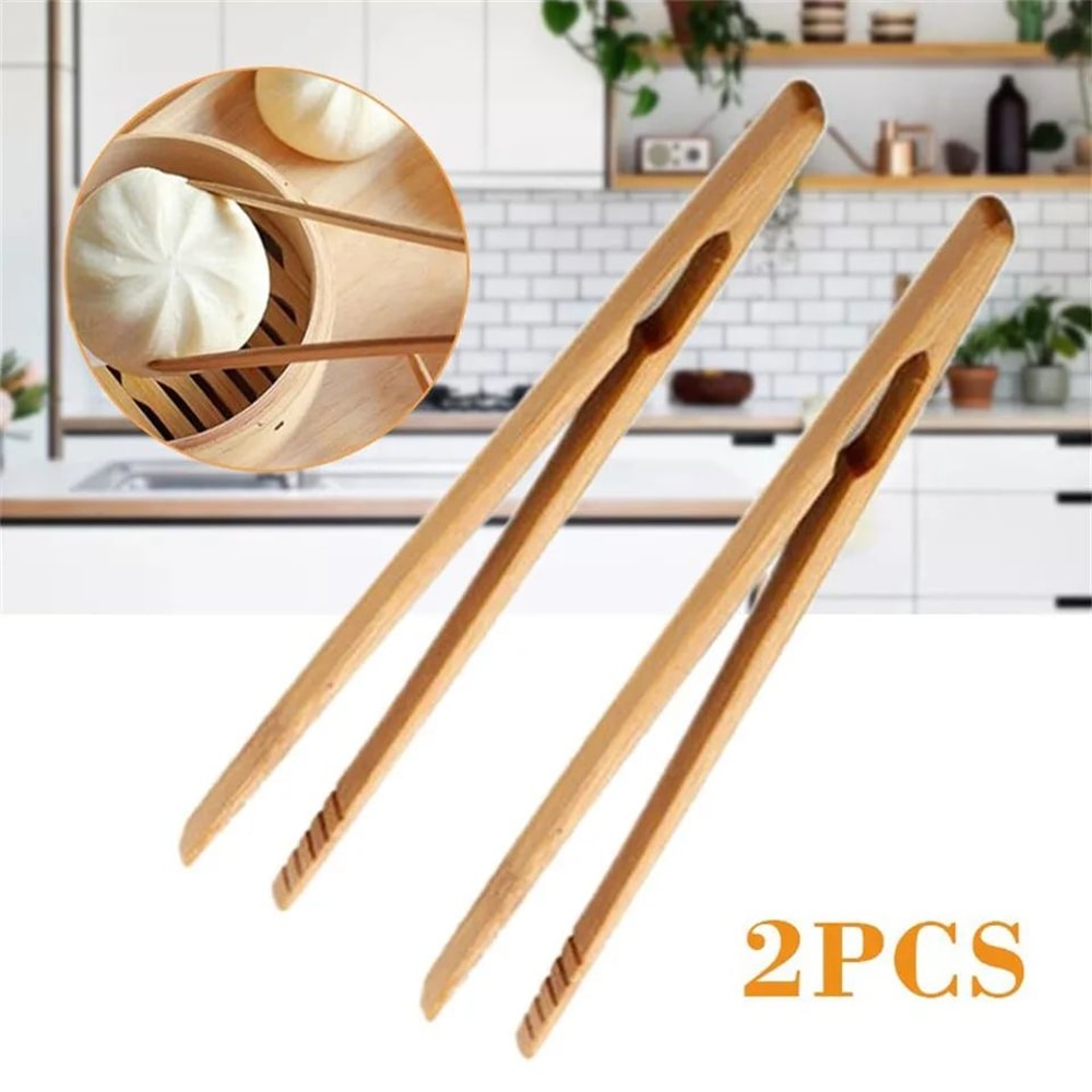 2 Pcs Bamboo Wooden Kitchen Tongs EcoFriendly 7 Inches Toast Salad Tea Serving Tongs 0
