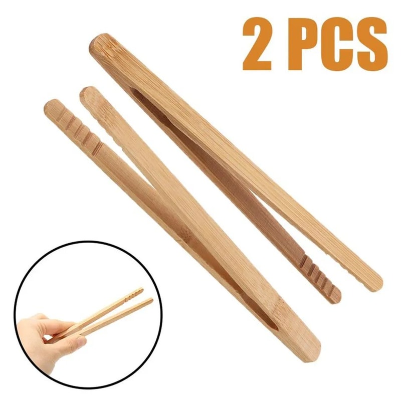 2 Pcs Bamboo Wooden Kitchen Tongs EcoFriendly 7 Inches Toast Salad Tea Serving Tongs 1