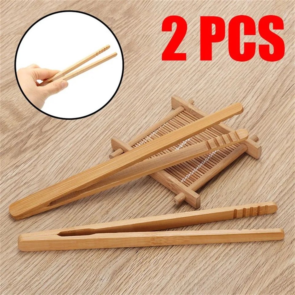 2 Pcs Bamboo Wooden Kitchen Tongs EcoFriendly 7 Inches Toast Salad Tea Serving Tongs 2