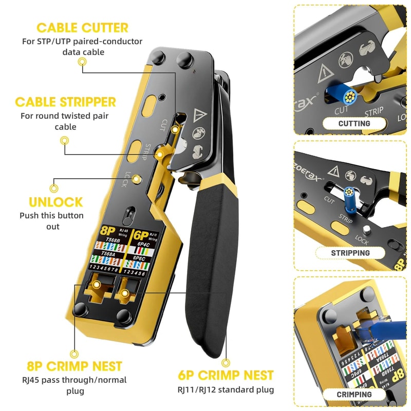 Pass Through RJ45 Crimp Tool For Cat6 Cat5e Cat5 Ethernet Crimper With Replacement Blade 3