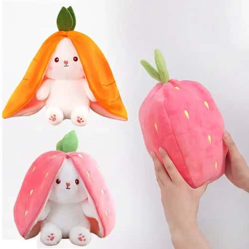 Transformable Bunny Plush Toy – Cute Strawberry & Carrot Rabbit Stuffed Doll for Kids
