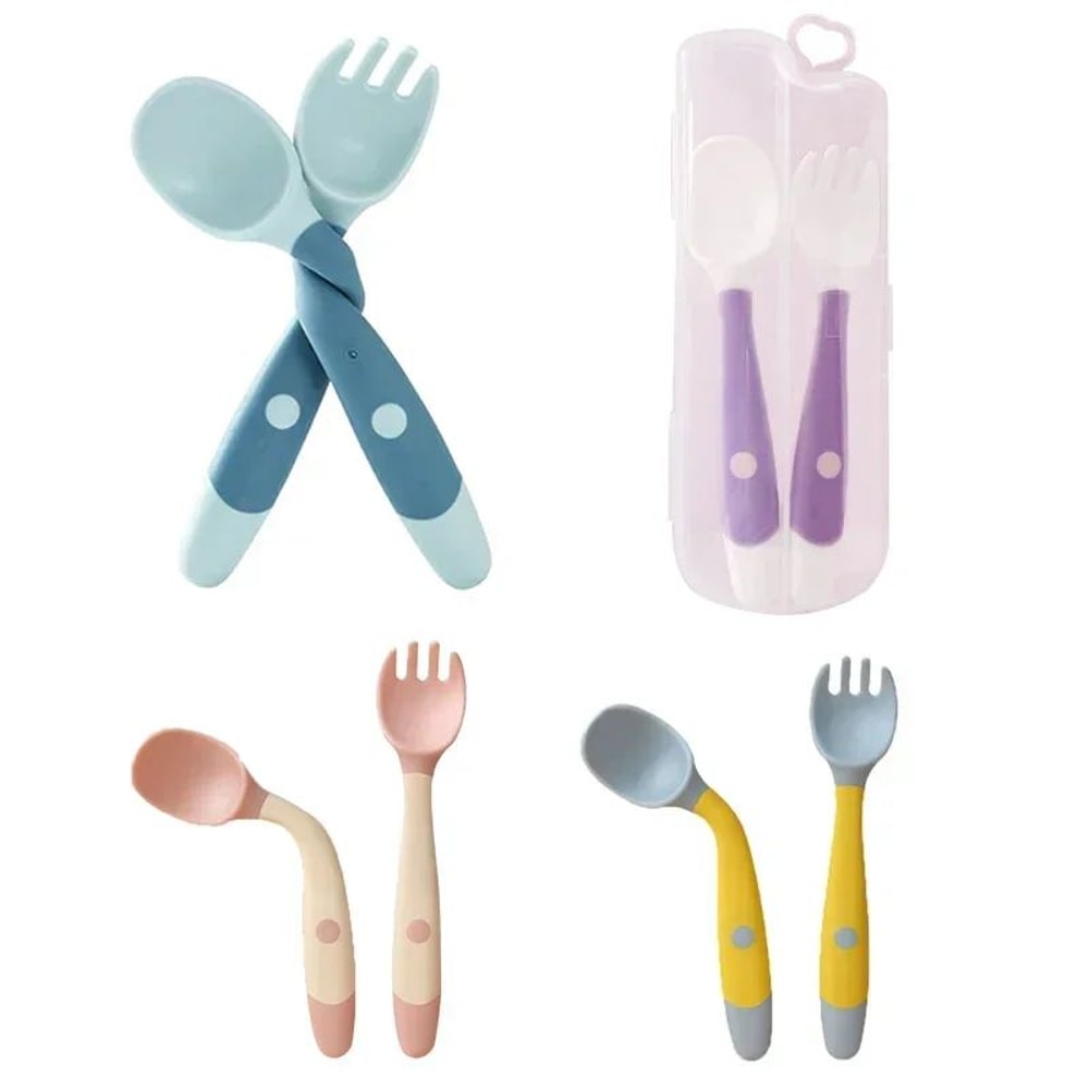 Baby Silicone Spoon Fork Set Soft Bendable Toddler Training Feeding Utensils 1