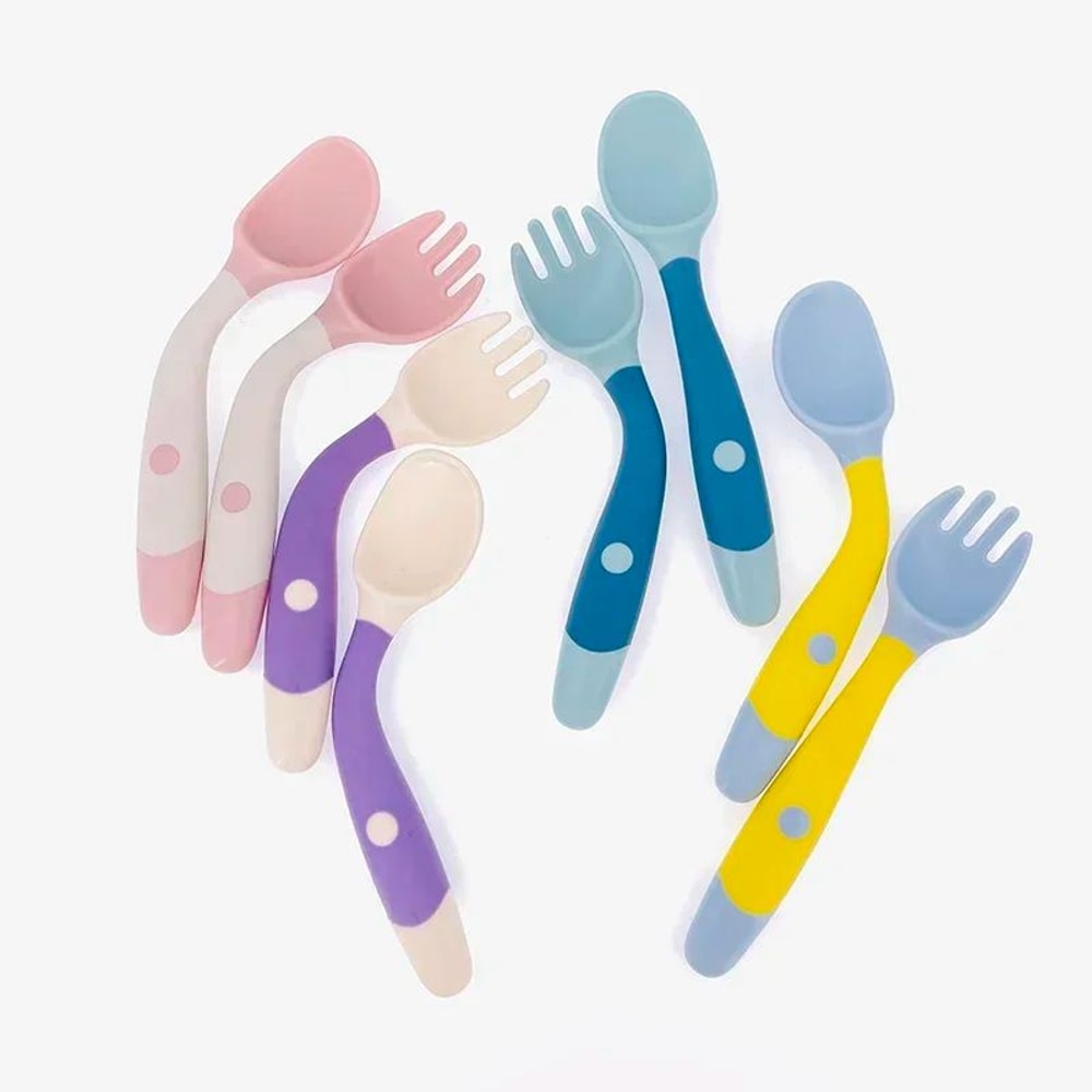 Baby Silicone Spoon Fork Set Soft Bendable Toddler Training Feeding Utensils 5