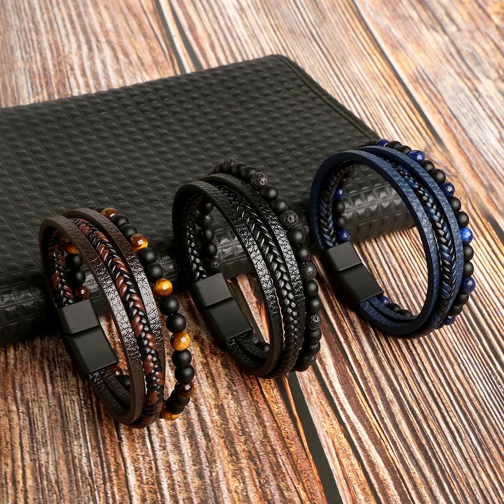 Mens Tiger Eye Beaded Leather Bracelet MultiLayer Classic Handmade Fashion Jewelry Gift 1