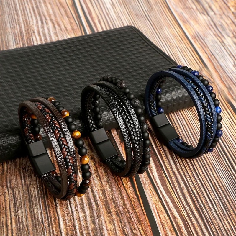Mens Tiger Eye Beaded Leather Bracelet MultiLayer Classic Handmade Fashion Jewelry Gift 1