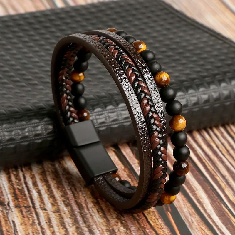 Mens Tiger Eye Beaded Leather Bracelet MultiLayer Classic Handmade Fashion Jewelry Gift 0