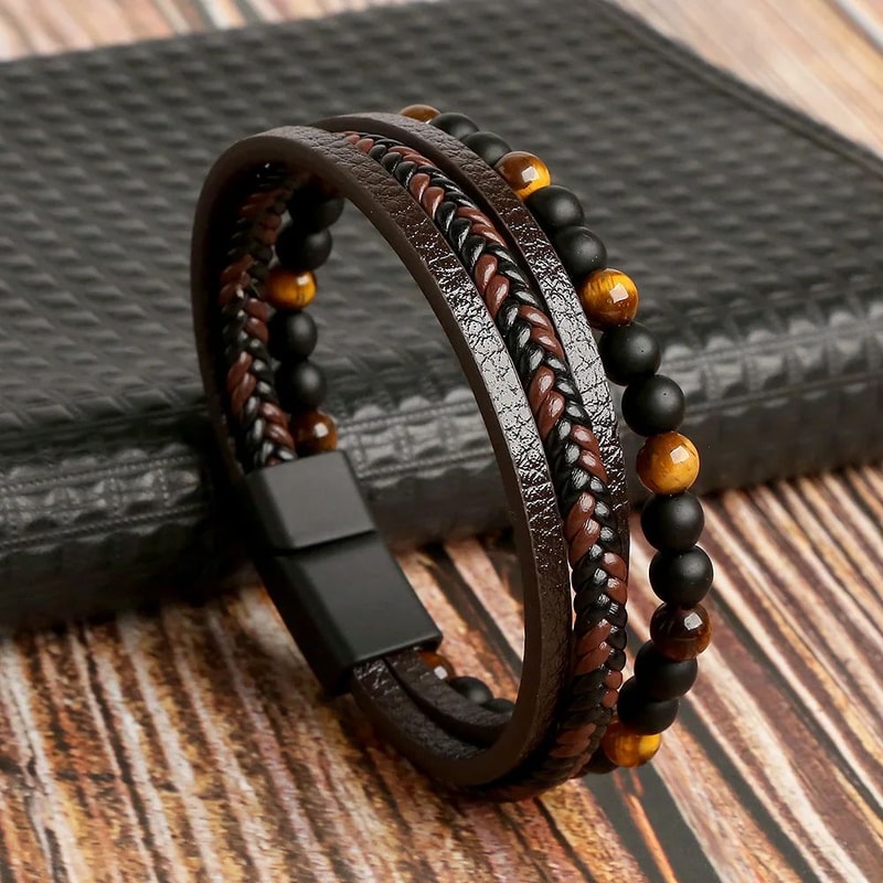 Mens Tiger Eye Beaded Leather Bracelet MultiLayer Classic Handmade Fashion Jewelry Gift 8