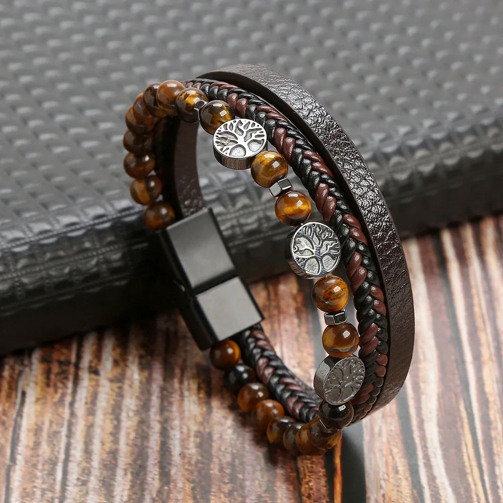 Mens Tiger Eye Beaded Leather Bracelet MultiLayer Classic Handmade Fashion Jewelry Gift 18