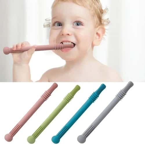 Silicone Baby Teether Straw Toy – Safe Chewable Molar Teething Toy with Easy-Grip Handle
